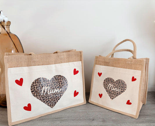 Sac en jute personnalisé cœur léopard – Mini ou Mom
