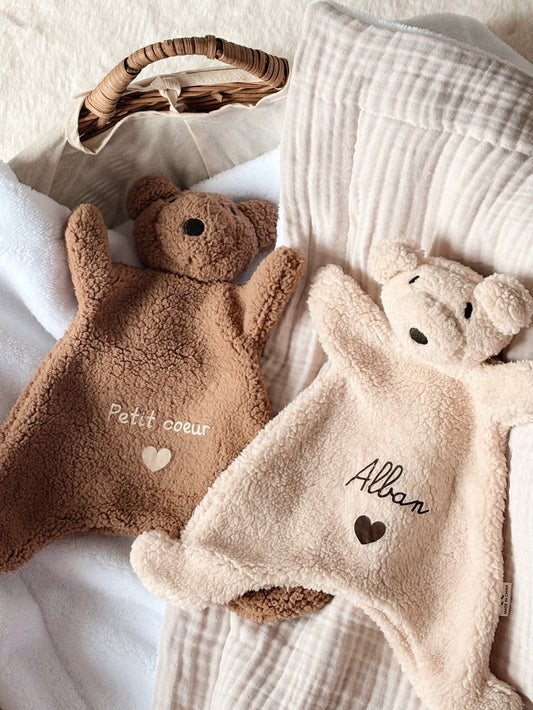 Doudou plat bébé en polaire – Tête d’ourson